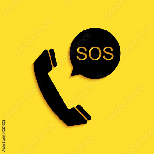 Black SOS call icon isolated on yellow background. 911, emergency, help, warning, alarm. Long shadow style. Vector.