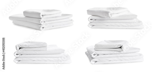 Photography Set with stacks of clean bed linen on white background