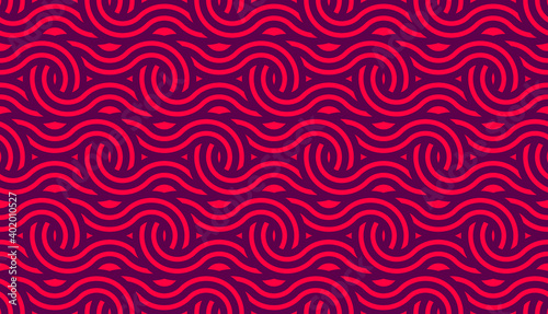 Seamless linear vector geometric minimalistic pattern, abstract lines tiling background, stripy weaving, optical maze, twisted stripes. Red color design.