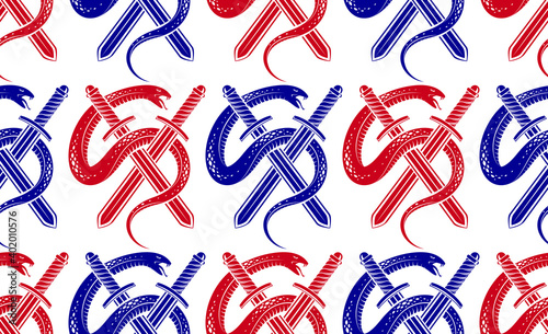 Snakes seamless background, vector dangerous venom serpents pattern, vintage style drawing tiling endless wallpaper.