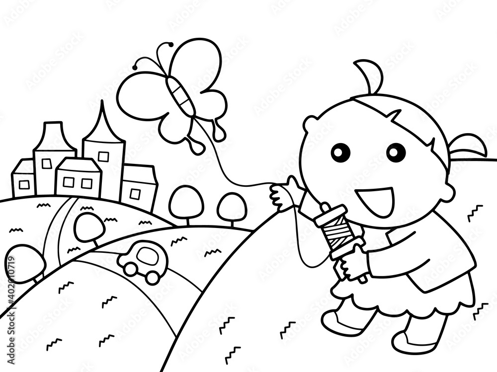 Girl play kite in a meadow without color Girl play kite in a meadow without color