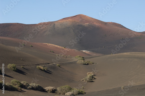 Volcanic landscape in the Timanfaya National Park. Lanzarote. Canary Islands. Spain.
