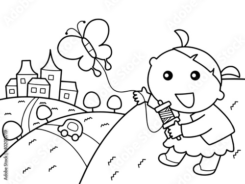 Girl play kite in a meadow without color