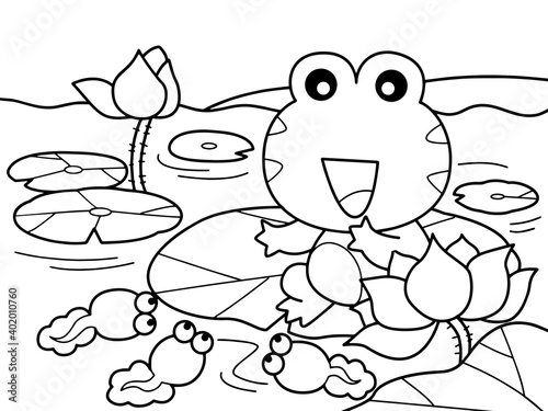 Frog talk with his tadpole in a lotus pool without color