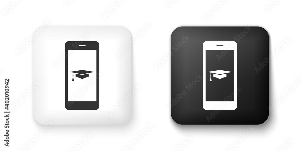 Black and white Graduation cap and smartphone icon. Online learning or e-learning concept icon isolated on white background. Square button. Vector. Black and white Graduation cap and smartphone icon. Online learning or e-learning concept icon isolated on white background. Square button. Vector.