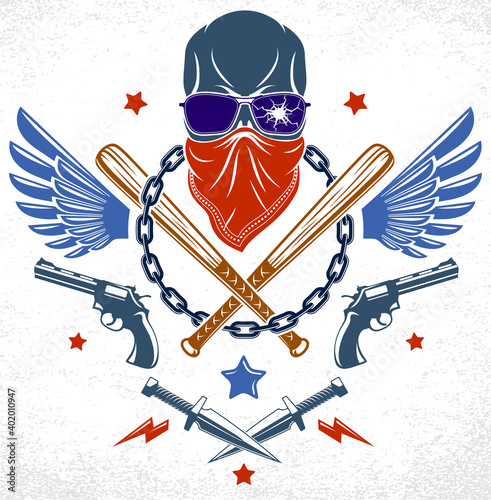 Gang brutal criminal emblem or logo with aggressive skull baseball bats and other weapons and design elements, vector anarchy crime terror retro style, ghetto revolutionary.