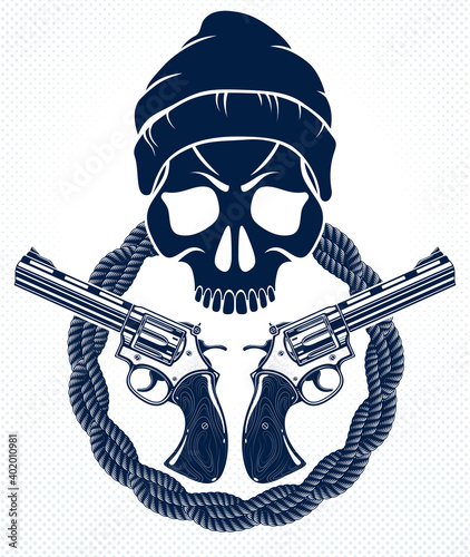 Anarchy and Chaos aggressive emblem or logo with wicked skull, vector vintage scull tattoo, rebel gangster criminal and revolutionary.