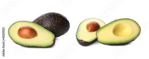 Delicious ripe avocados on white background. Banner design