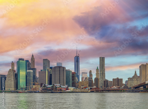 Downtown Manhattan skyline at dusk, New York
