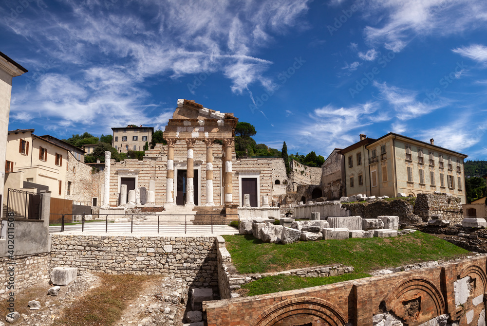 Panoramic view of Roman forum with Capitolium (Temple of the Capitoline Triad), the main temple in Roman town of Brixia now Brescia, Lombardy, Northern Italy, part of the UNESCO Monumental area