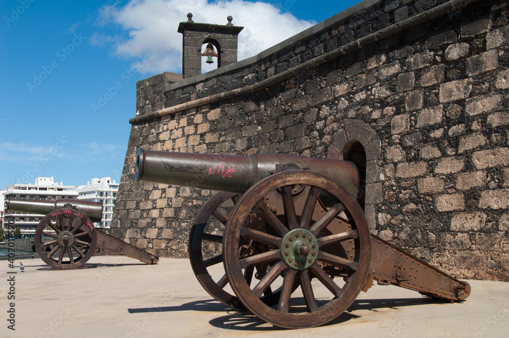 Cannons and San Gabriel Castle in Arrecife. Lanzarote. Canary Islands. Spain.