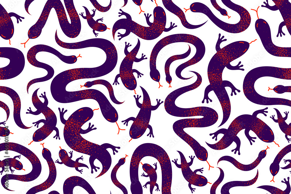 Snakes and lizards seamless textile, vector background with a lot of reptiles endless texture, stylish fabric or wallpaper design, dangerous poisoned wild animals.