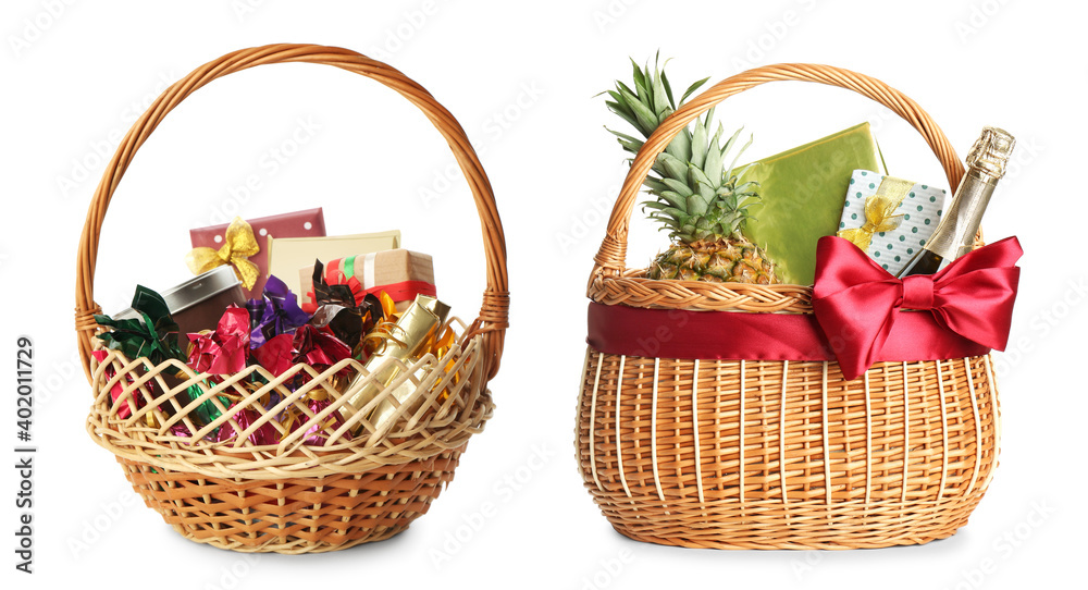 Wicker baskets full of different gifts on white background