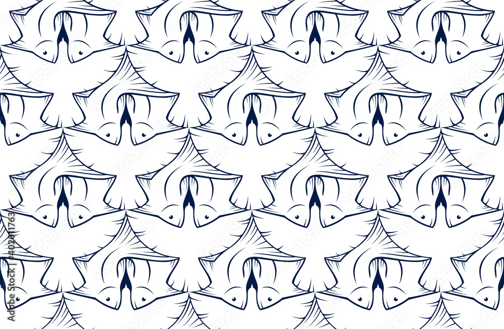Birds and fishes vector seamless background in Escher artist graphic style, animals endless pattern.