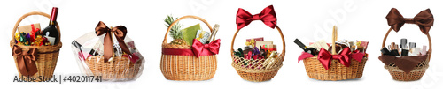 Set with wicker baskets full of different gifts on white background. Banner design photo