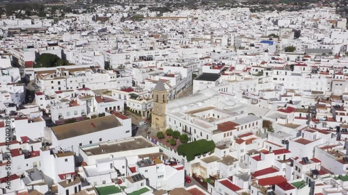 Aerial view from above of spanish catholic church in Conil de la Frontera