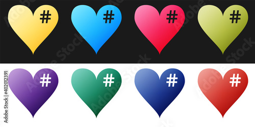 Set The hash love icon. Hashtag heart symbol icon isolated on black and white background. Vector.