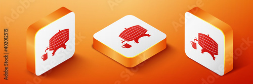 Isometric Wooden barrel on rack with stopcock and wooden beer mug icon isolated on orange background. Orange square button. Vector.