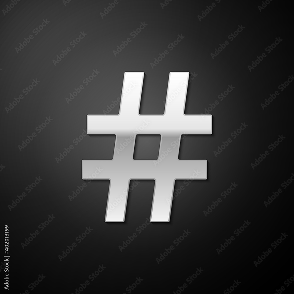 Fototapeta premium Silver Hashtag icon isolated on black background. Social media symbol. Modern UI website navigation. Long shadow style. Vector.