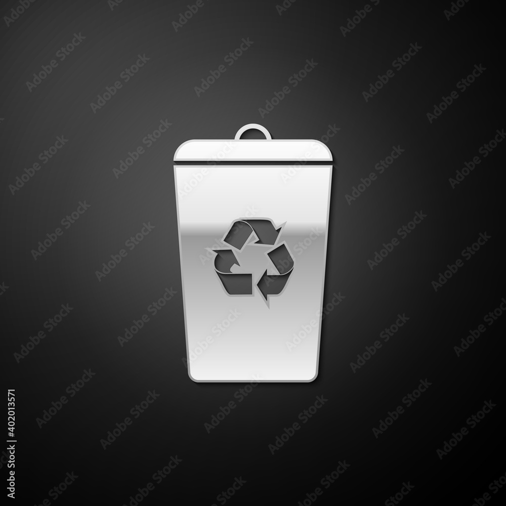 Silver Recycle bin with recycle symbol icon isolated on black background. Trash can icon. Garbage bin sign. Recycle basket sign. Long shadow style. Vector. Silver Recycle bin with recycle symbol icon isolated on black background. Trash can icon. Garbage bin sign. Recycle basket sign. Long shadow style. Vector.