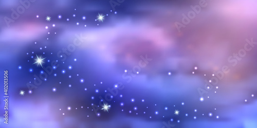 Galaxy space background, blue night sky with shiny star dust and nebula. Cosmic universe. Vector illustration