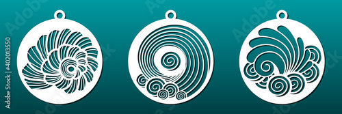 Laser cut templates for CNC cutting. Coasters or Christmas balls with nautical pattern and sea shells. Paper art, fretwork,  wood, metal, resin diy craft. Vector illustration