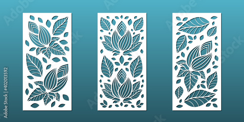 Set of laser cut panels with abstract geometric pattern. For home interior design elements, screens and room dividers. Metal or glass cutting, wood carving, wall art, fretwork. Vector templates.