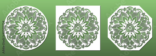 Laser cut coasters ornate with mandala floral pattern. Set of CNC cutting stencils for home decor, wall art, paper art, diy craft. Vector illustration