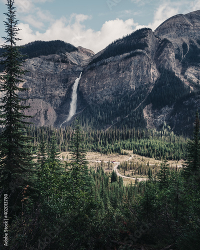 A grand view of Takakkaw Falls from the Yoho Lake Trail. Takakkaw Falls was formed by the thawing of Glacier Daly in Yoho National Park in the Canadian Rockies, BC, Canada. photo