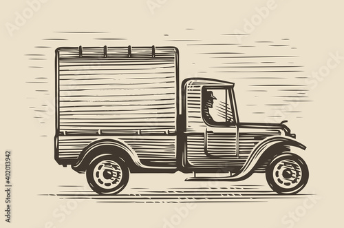Retro farm truck sketch. Farming vintage vector illustration