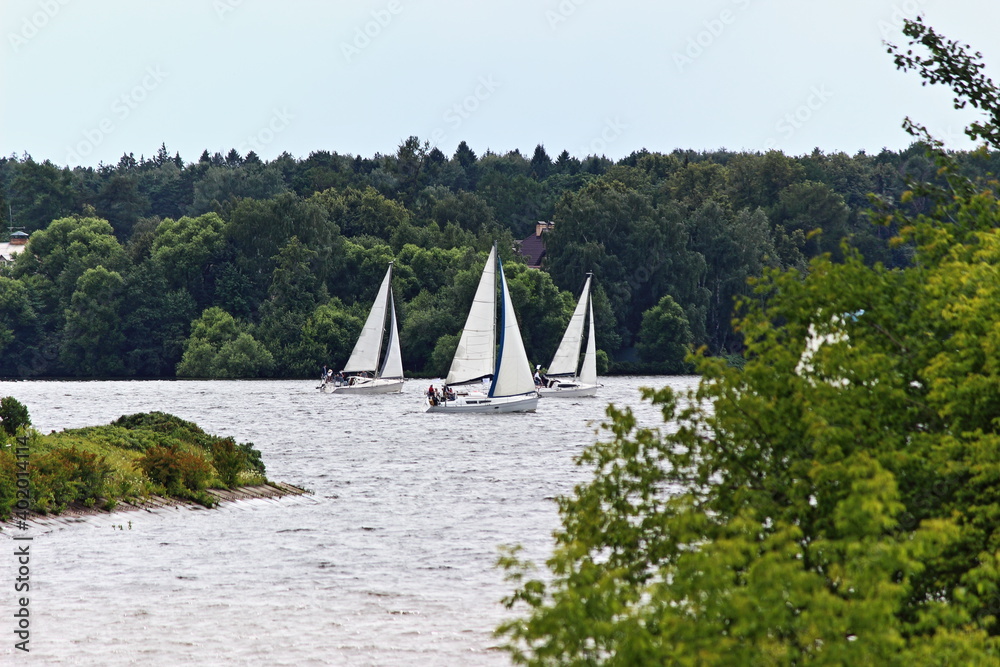 Three white sailing yacht with white saisl floating on Moscow Canal river on green trees on shores background at summer day, water tourism recreation