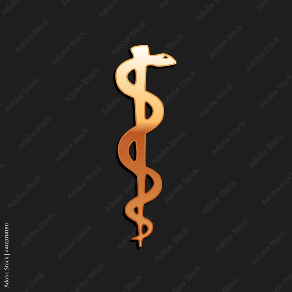 Gold Rod of asclepius snake coiled up silhouette icon isolated on black background. Emblem for drugstore or medicine, pharmacy snake symbol. Long shadow style. Vector. Gold Rod of asclepius snake coiled up silhouette icon isolated on black background. Emblem for drugstore or medicine, pharmacy snake symbol. Long shadow style. Vector.