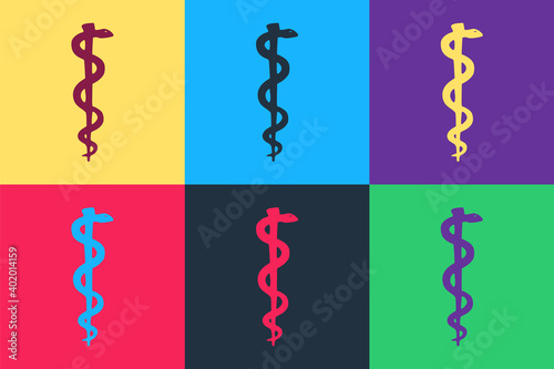 Pop art Rod of asclepius snake coiled up silhouette icon isolated on color background. Emblem for drugstore or medicine, pharmacy snake symbol. Vector.