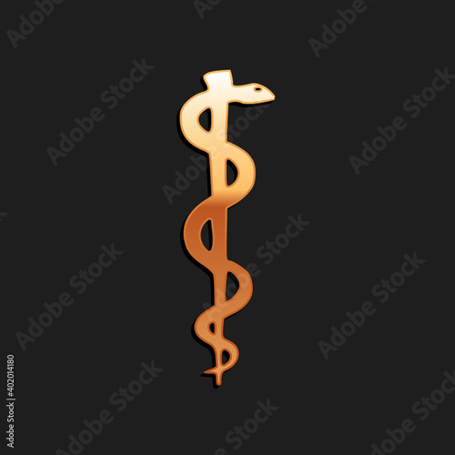 Gold Rod of asclepius snake coiled up silhouette icon isolated on black background. Emblem for drugstore or medicine, pharmacy snake symbol. Long shadow style. Vector.