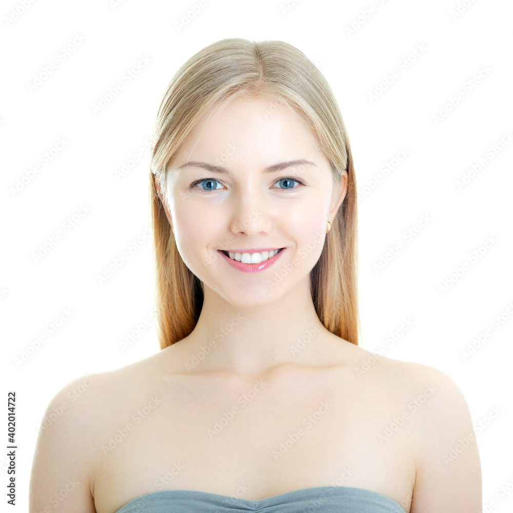 Attractive young caucasian woman with long blond hair happy smiling and posing at studio over white background Attractive young caucasian woman with long blond hair happy smiling and posing at studio over white background