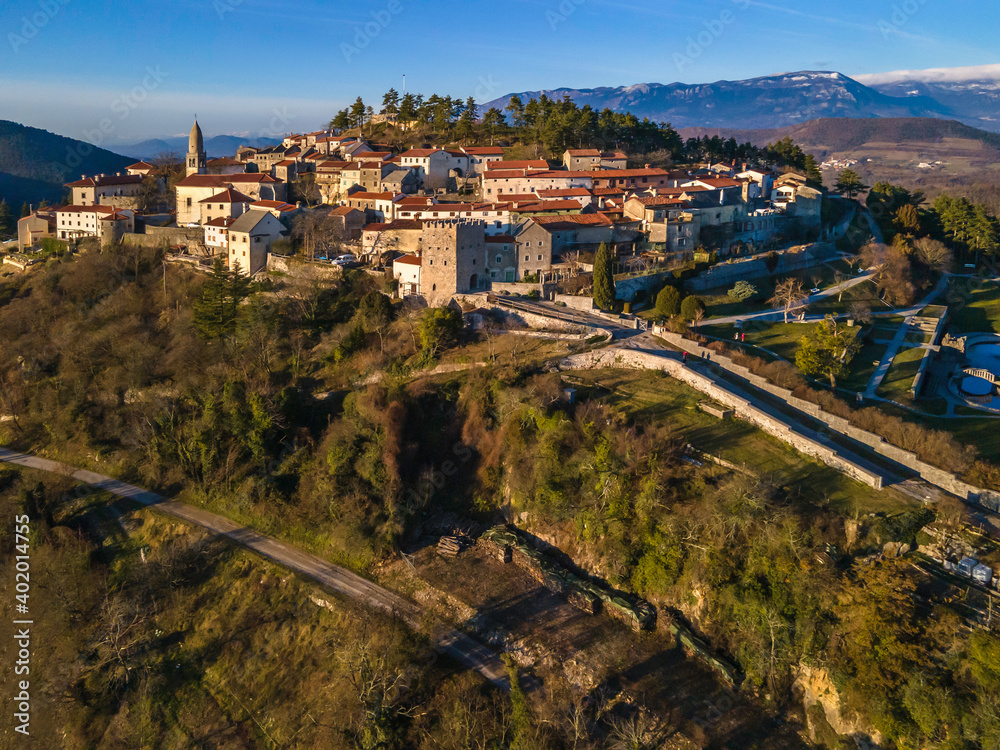 Aerial view of famous karst village Stanjel, Slovenia