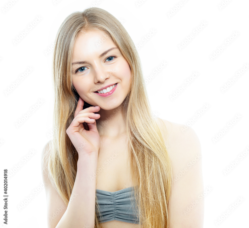 Attractive young caucasian woman with long blond hair happy smiling and posing at studio over white background Attractive young caucasian woman with long blond hair happy smiling and posing at studio over white background