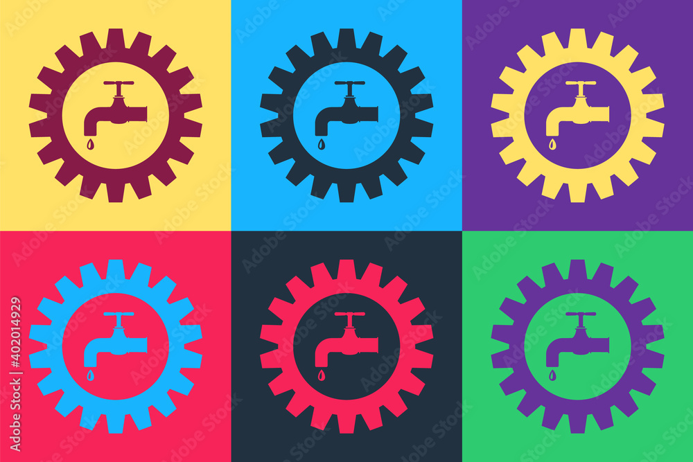 Pop art Gearwheel with tap icon isolated on color background. Plumbing work symbol. Vector. Pop art Gearwheel with tap icon isolated on color background. Plumbing work symbol. Vector.