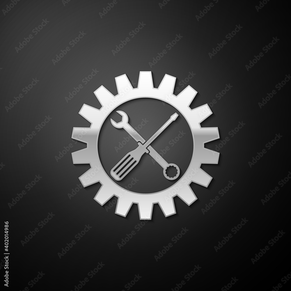 Silver Maintenance symbol - screwdriver, spanner and cogwheel icon isolated on black background. Service tool symbol. Setting icon. Long shadow style. Vector. Silver Maintenance symbol - screwdriver, spanner and cogwheel icon isolated on black background. Service tool symbol. Setting icon. Long shadow style. Vector.
