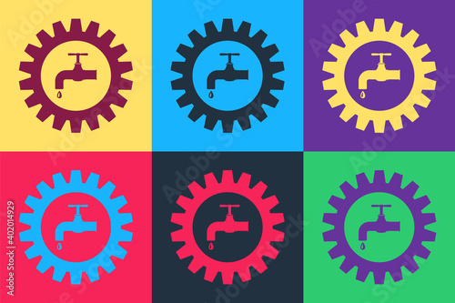Pop art Gearwheel with tap icon isolated on color background. Plumbing work symbol. Vector.