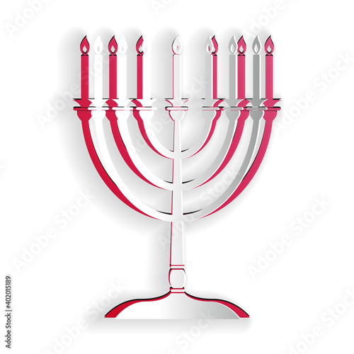 Paper cut Hanukkah menorah icon isolated on white background. Religion icon. Hanukkah traditional symbol. Holiday religion, jewish festival of Lights. Paper art style. Vector.