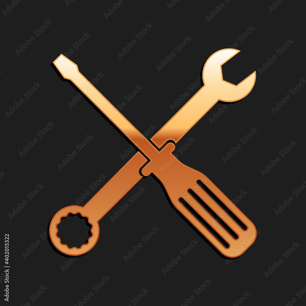 Gold Spanner and screwdriver tools icon isolated on black background. Service tool symbol. Long shadow style. Vector. Gold Spanner and screwdriver tools icon isolated on black background. Service tool symbol. Long shadow style. Vector.