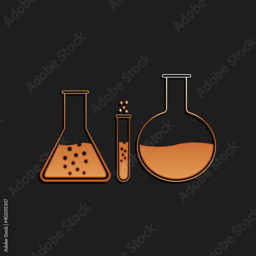 Gold Test tube and flask - chemical laboratory test icon isolated on black background. Laboratory glassware sign. Long shadow style. Vector.
