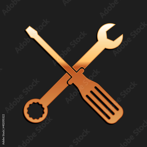 Gold Spanner and screwdriver tools icon isolated on black background. Service tool symbol. Long shadow style. Vector.