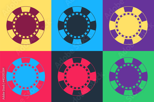 Pop art Casino chip icon isolated on color background. Vector.