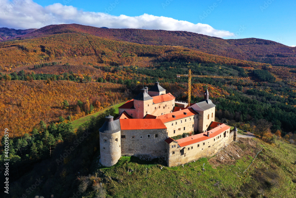 Aerial autumn view of Krasna Horka castle in Slovakia