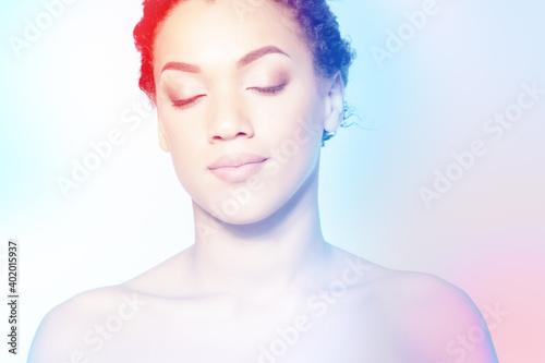 Young beautiful african american woman meditates or dreams, modern art