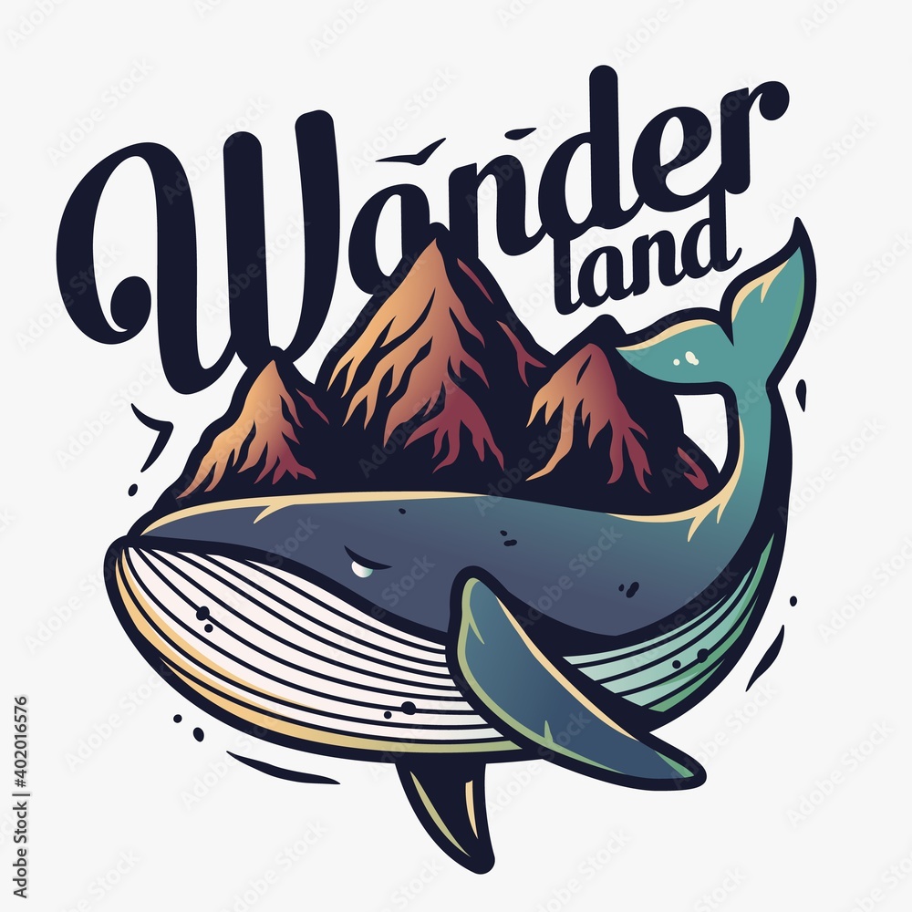 Obraz premium Marine whale and mountain. Nautical wanderlust sea adventure illustration