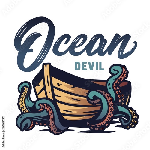 Marine boat and octopus at the sea. Nautical wanderlust and adventure illustration. Ocean devilfish