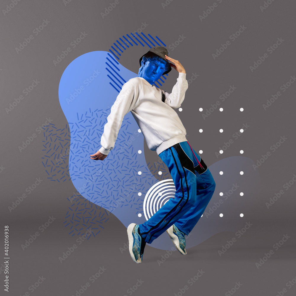 Celebrity, weightless. Stylish man headed by bright statue on grey background. Negative space to insert your text. Modern design. Contemporary colorful and conceptual bright art collage. - obrazy, fototapety, plakaty 